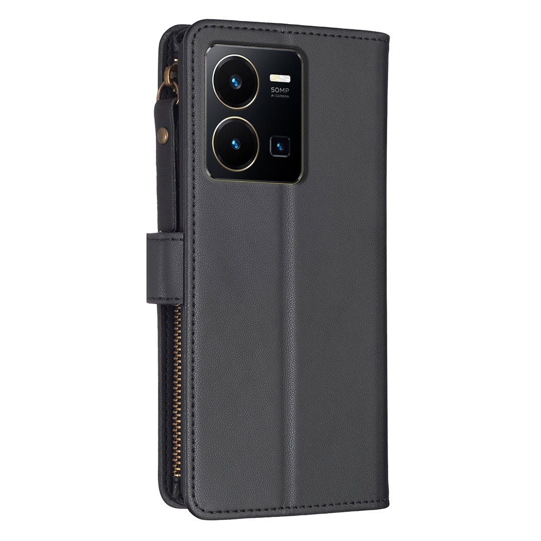 vivo Y35 4G Leather Flip Wallet Phone Case with 9 Card Slots, Zipper Compartment, and Adjustable Stand