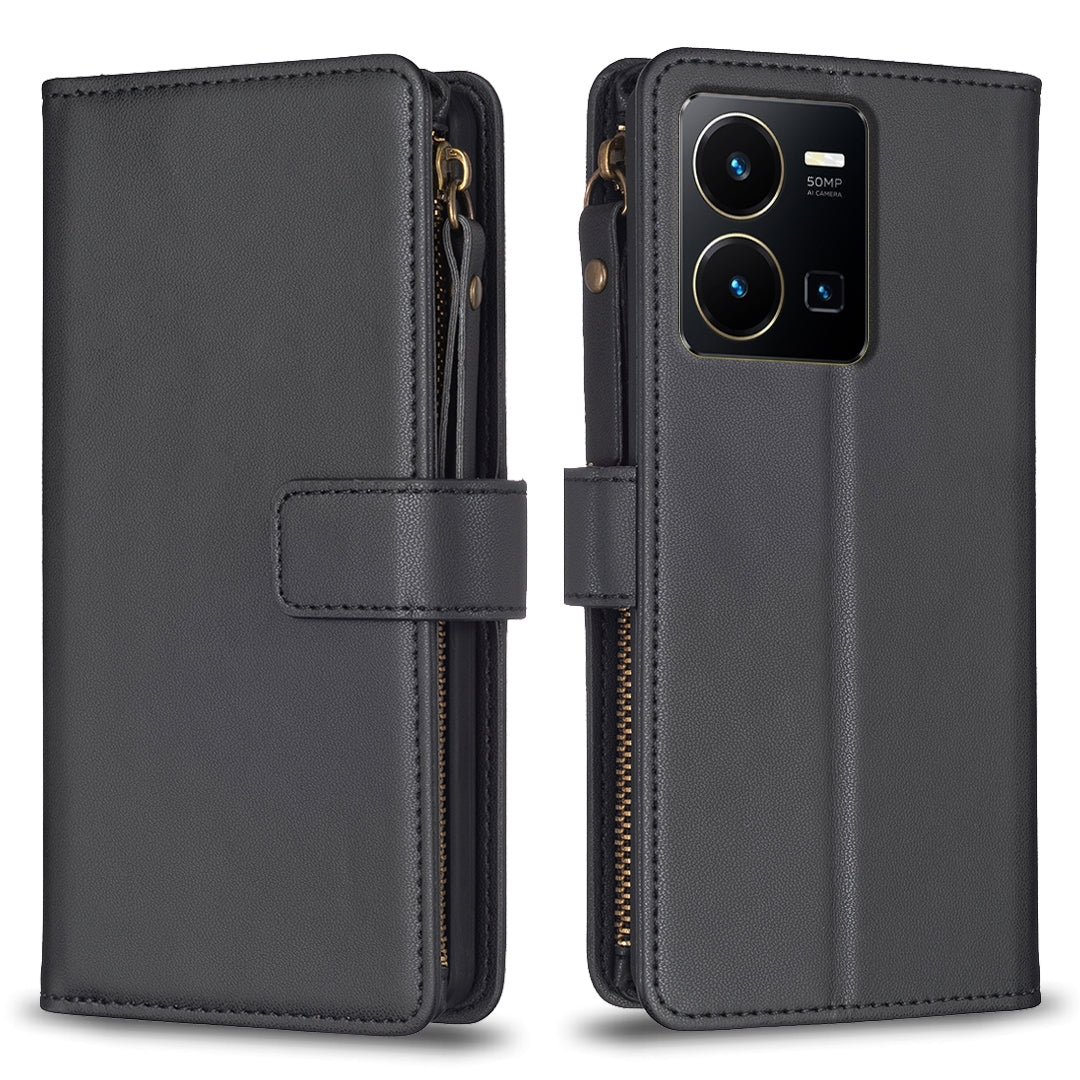 vivo Y22s Leather Flip Wallet Phone Case with 9 Card Slots, Zipper Compartment, and Adjustable Stand