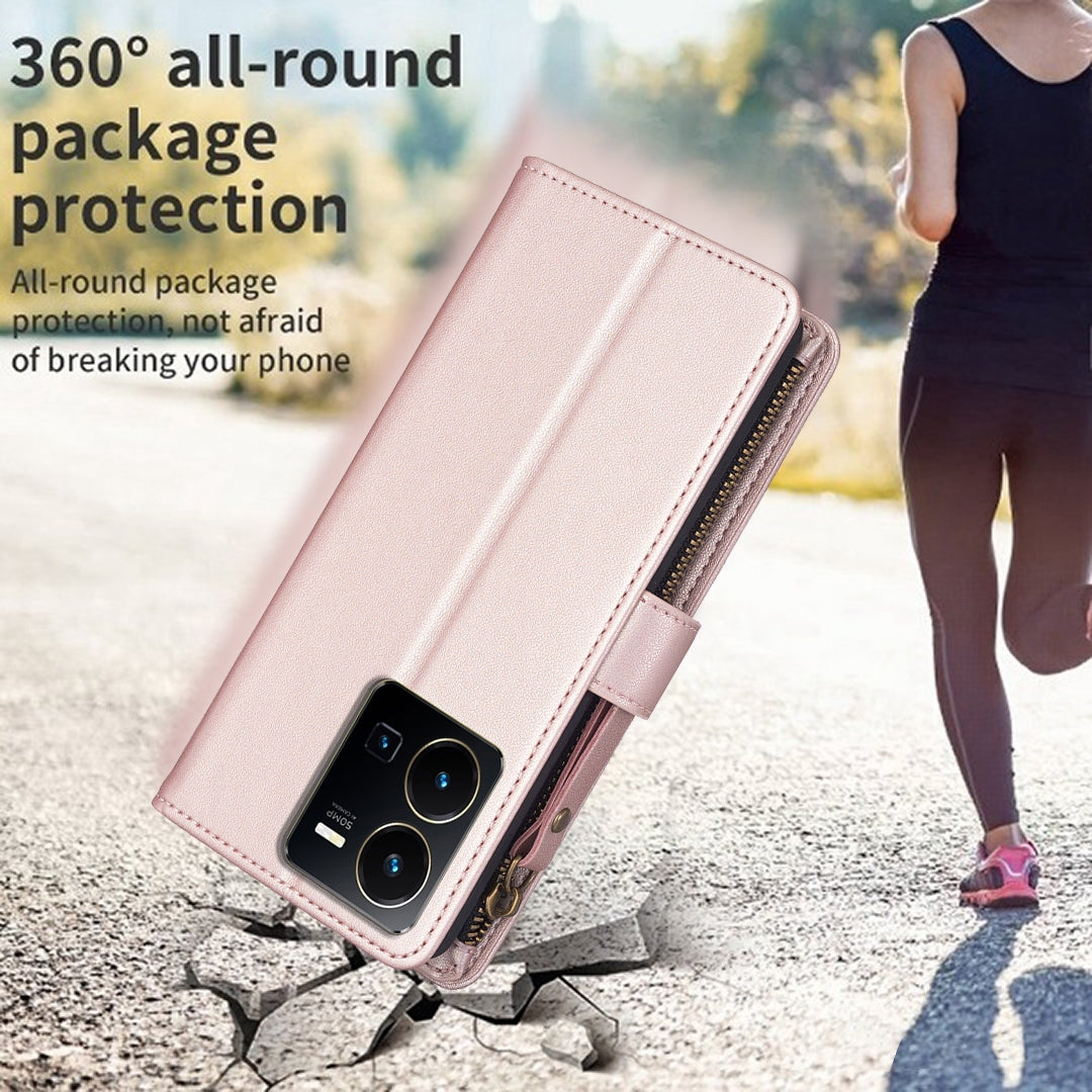 vivo Y22s Leather Flip Wallet Phone Case with 9 Card Slots, Zipper Compartment, and Adjustable Stand