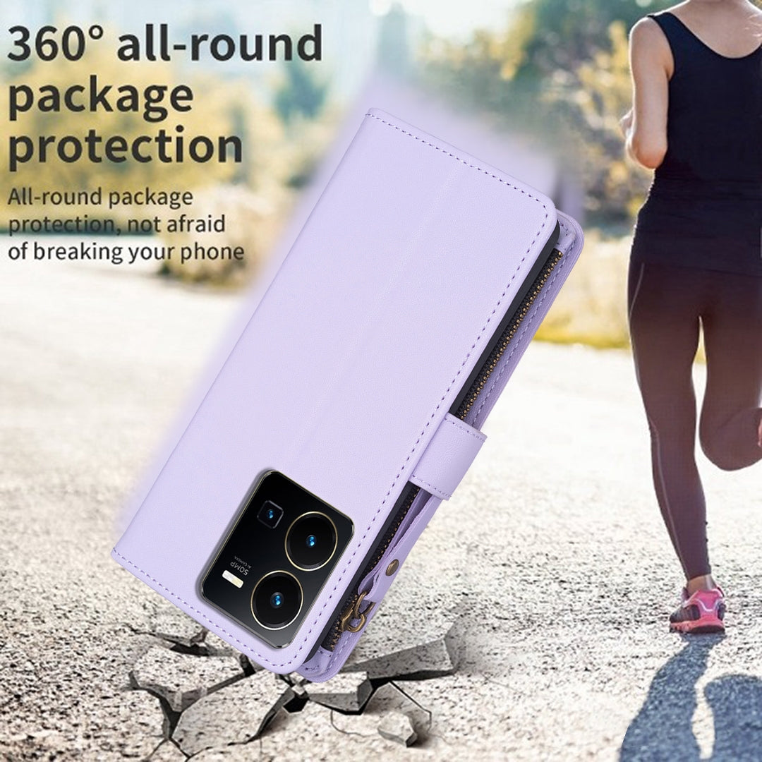 vivo Y22s Leather Flip Wallet Phone Case with 9 Card Slots, Zipper Compartment, and Adjustable Stand