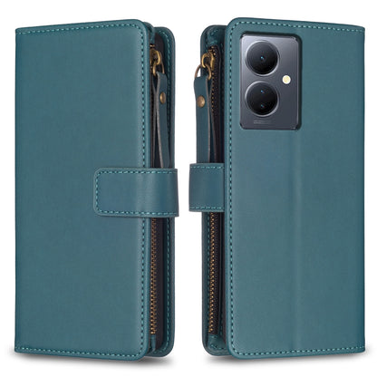 vivo Y78 5G Leather Flip Wallet Phone Case with 9 Card Slots, Zipper Compartment, and Adjustable Stand