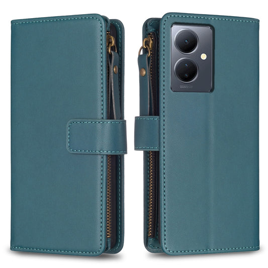 vivo Y78 5G Leather Flip Wallet Phone Case with 9 Card Slots, Zipper Compartment, and Adjustable Stand