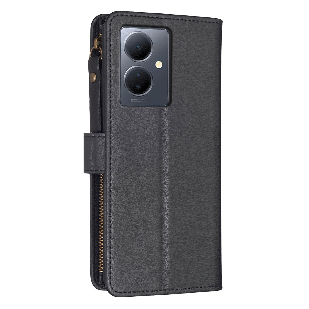 vivo Y78 5G Leather Flip Wallet Phone Case with 9 Card Slots, Zipper Compartment, and Adjustable Stand