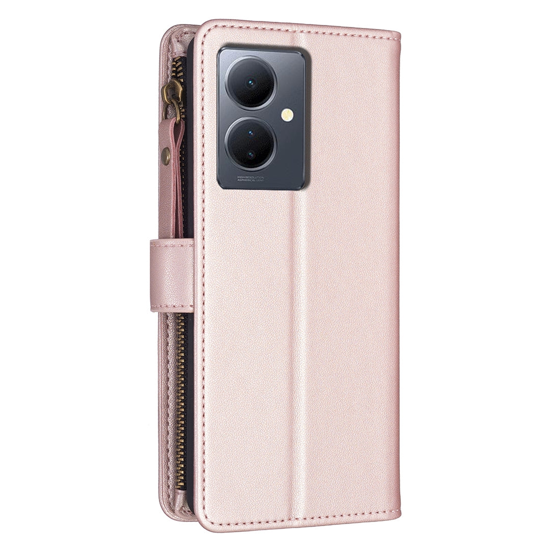 vivo Y78 5G Leather Flip Wallet Phone Case with 9 Card Slots, Zipper Compartment, and Adjustable Stand