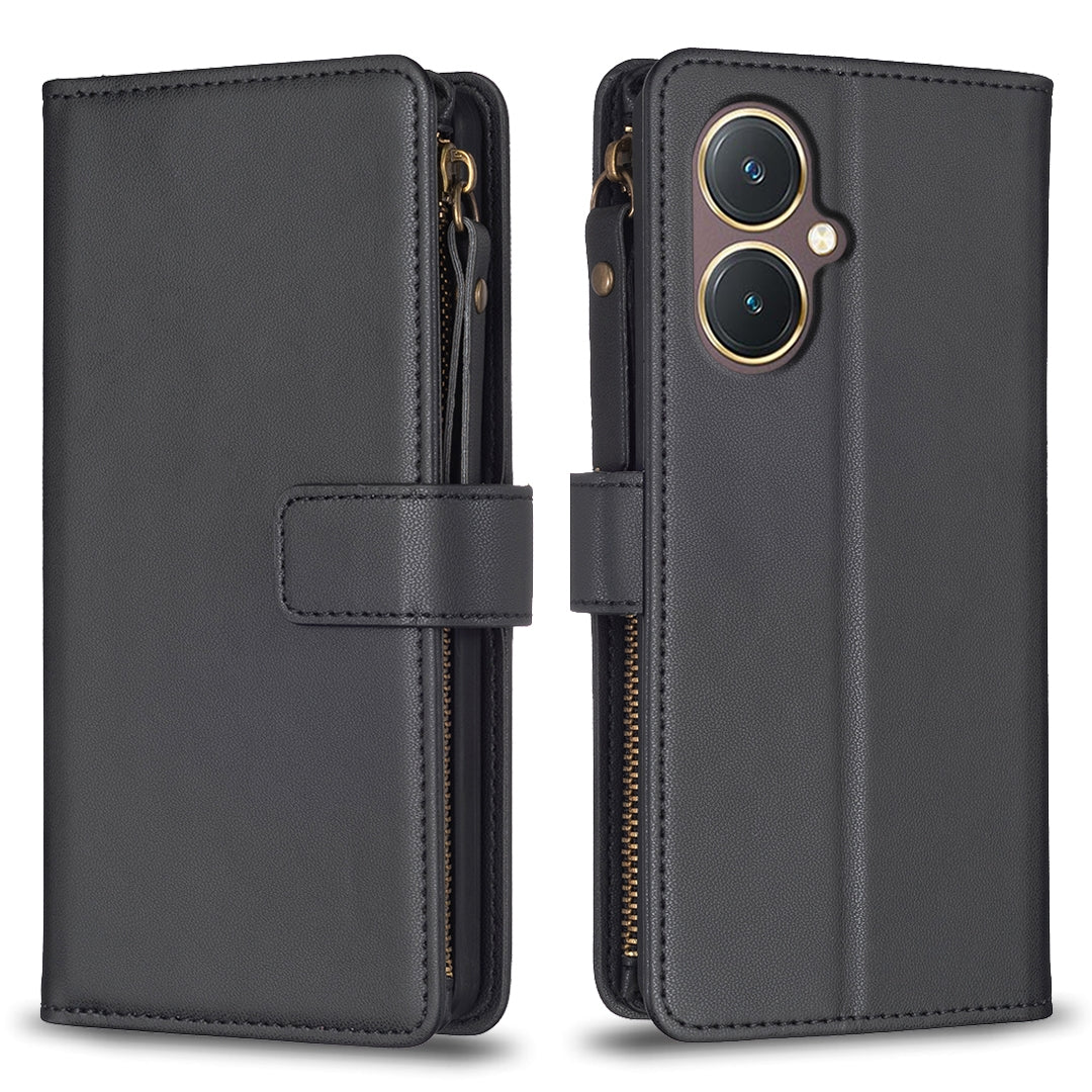 vivo Y27 4G Leather Flip Wallet Phone Case with 9 Card Slots, Zipper Compartment, and Adjustable Stand