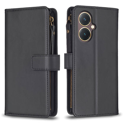 vivo Y27 4G Leather Flip Wallet Phone Case with 9 Card Slots, Zipper Compartment, and Adjustable Stand