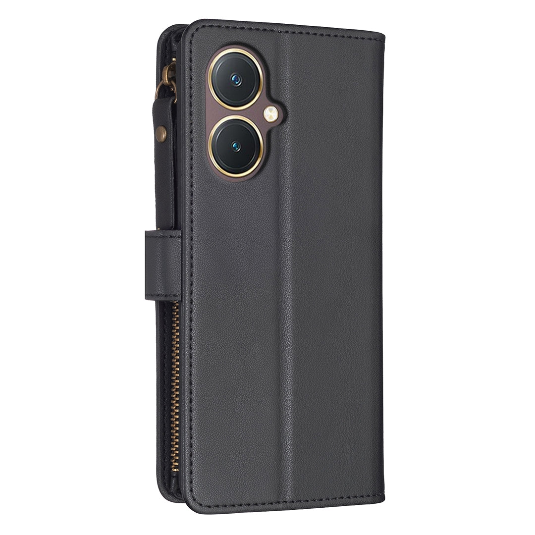 vivo Y27 4G Leather Flip Wallet Phone Case with 9 Card Slots, Zipper Compartment, and Adjustable Stand