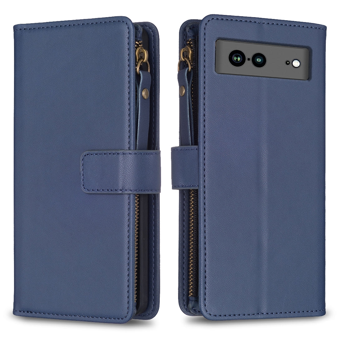 Google Pixel 7a Leather Flip Wallet Phone Case with 9 Card Slots, Zipper Compartment, and Adjustable Stand