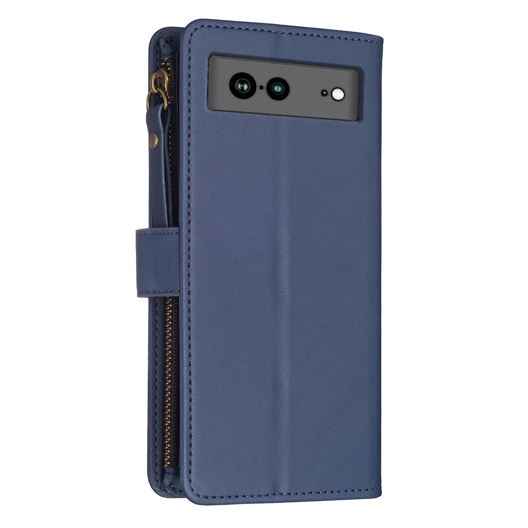Google Pixel 7a Leather Flip Wallet Phone Case with 9 Card Slots, Zipper Compartment, and Adjustable Stand