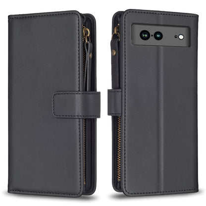 Google Pixel 7a Leather Flip Wallet Phone Case with 9 Card Slots, Zipper Compartment, and Adjustable Stand