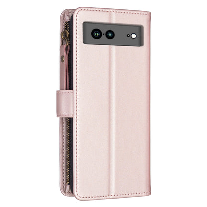 Google Pixel 7a Leather Flip Wallet Phone Case with 9 Card Slots, Zipper Compartment, and Adjustable Stand