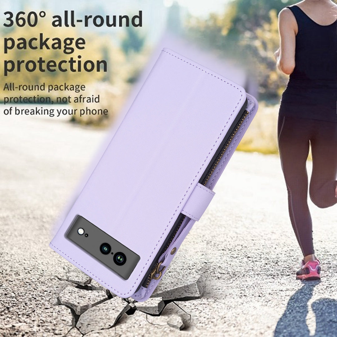 Google Pixel 7a Leather Flip Wallet Phone Case with 9 Card Slots, Zipper Compartment, and Adjustable Stand