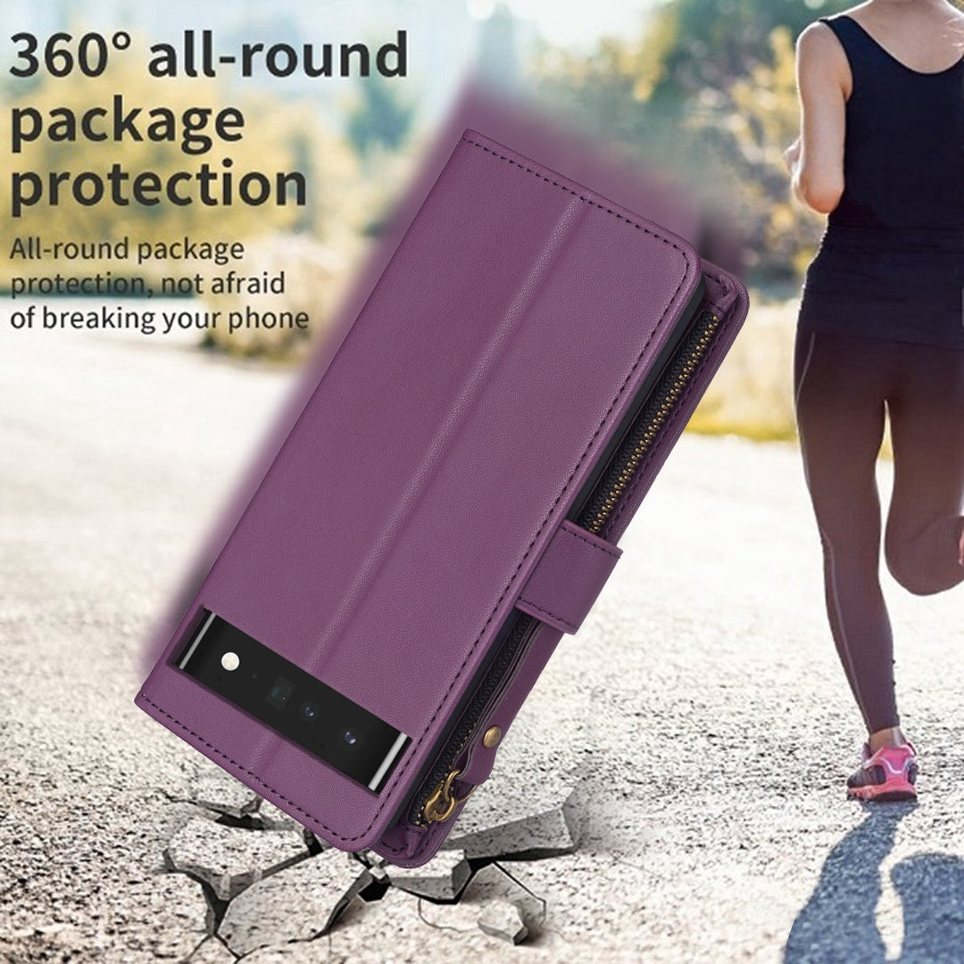 Google Pixel 7 Pro Leather Flip Wallet Phone Case with 9 Card Slots, Zipper Compartment, and Adjustable Stand