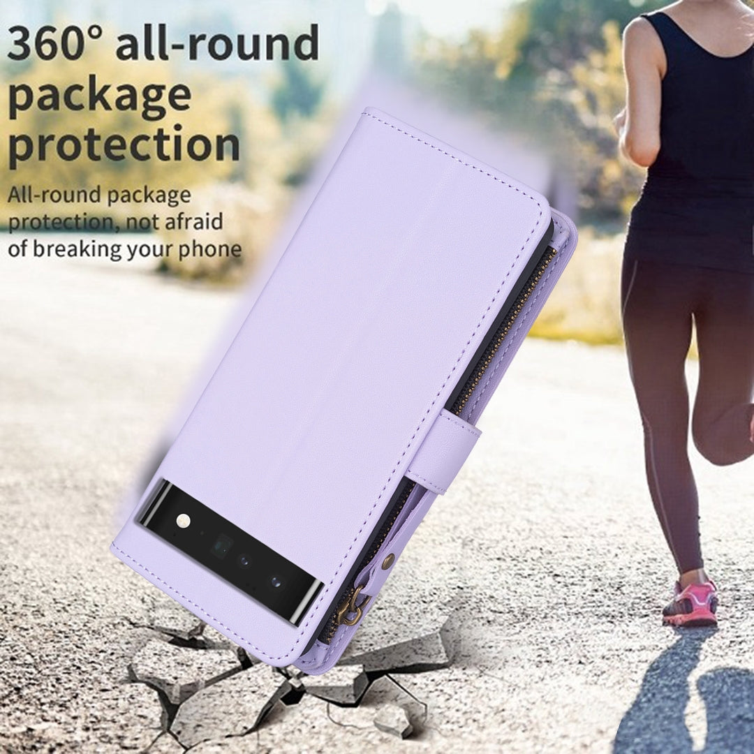 Google Pixel 7 Pro Leather Flip Wallet Phone Case with 9 Card Slots, Zipper Compartment, and Adjustable Stand