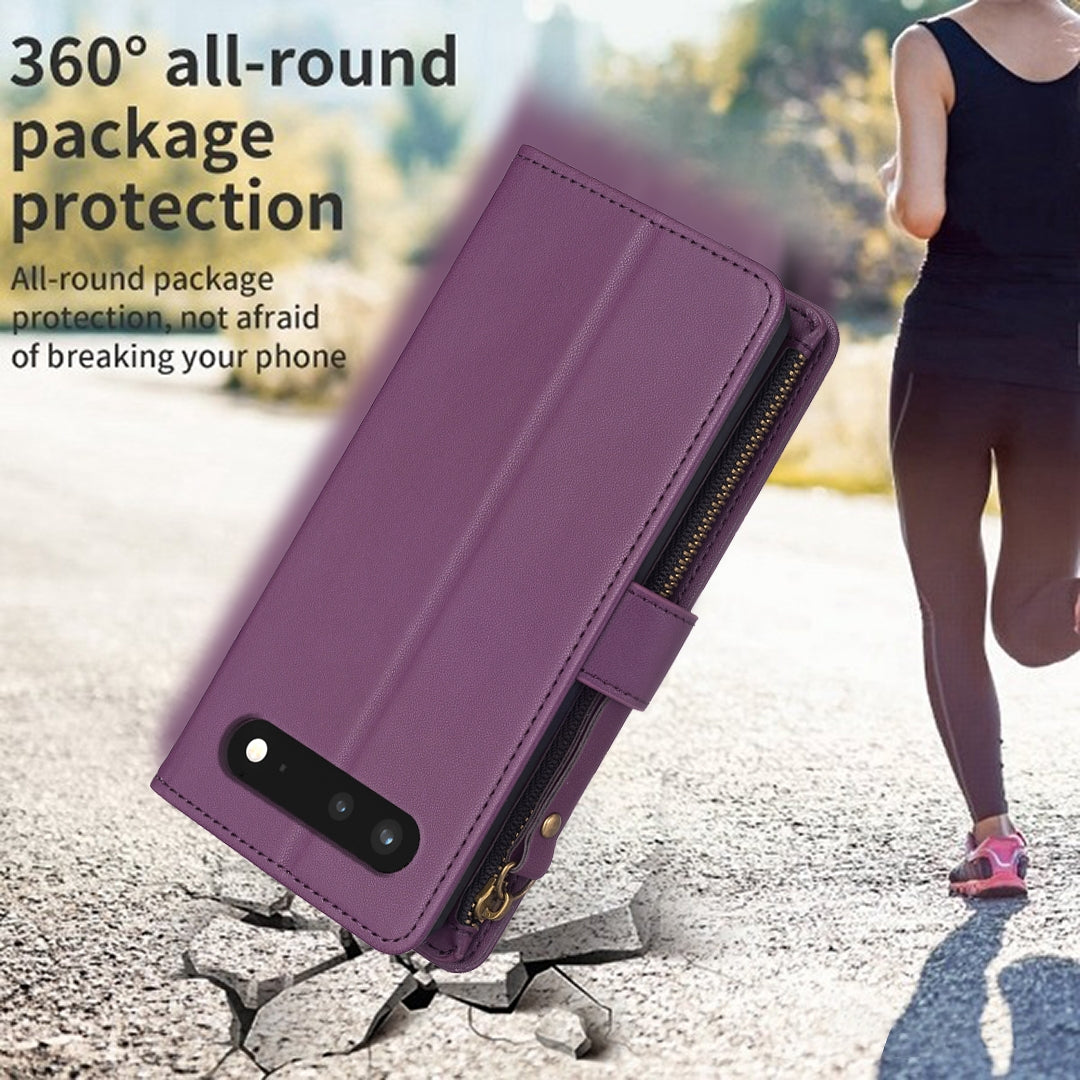 Google Pixel 7 Leather Flip Wallet Phone Case with 9 Card Slots, Zipper Compartment, and Adjustable Stand