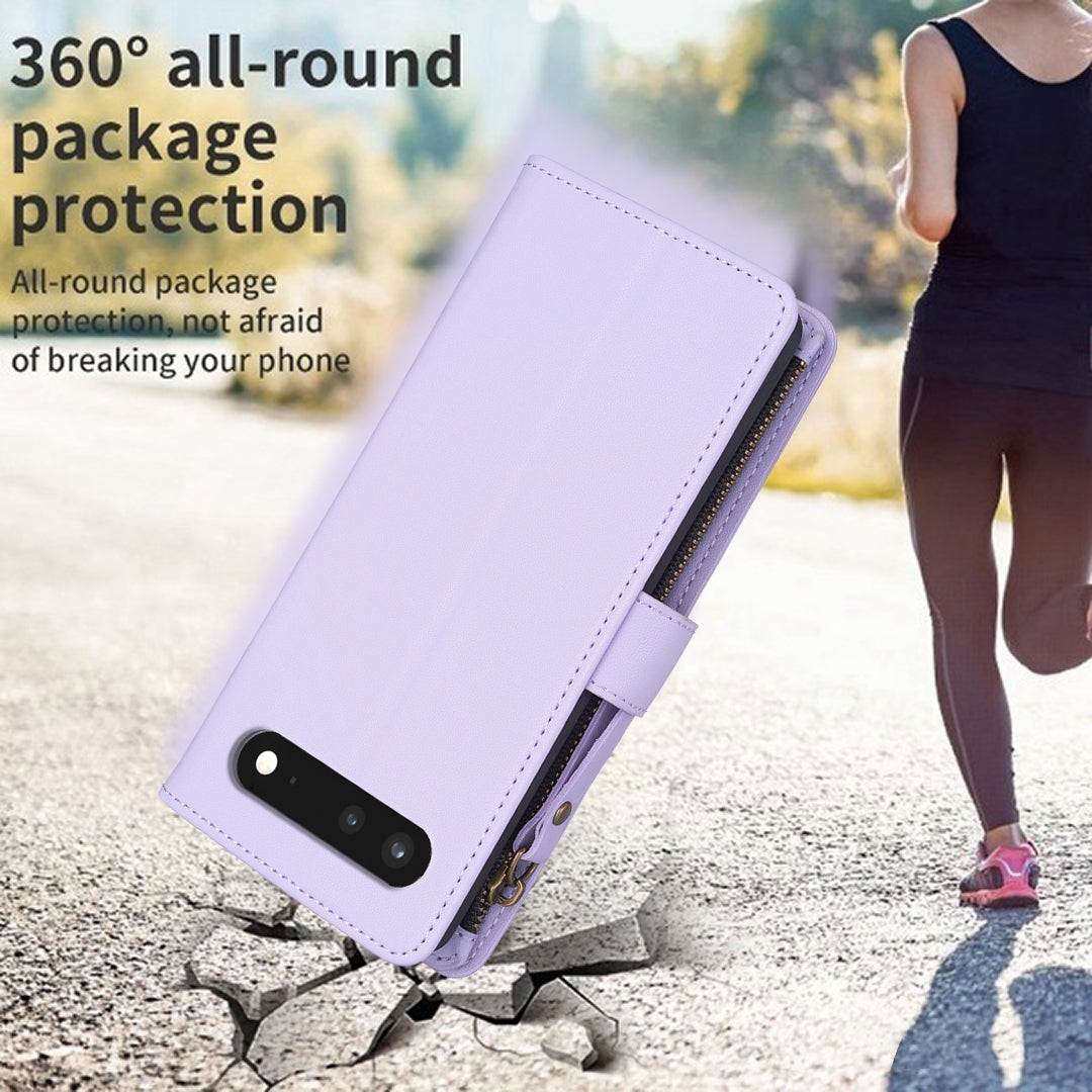 Google Pixel 7 Leather Flip Wallet Phone Case with 9 Card Slots, Zipper Compartment, and Adjustable Stand