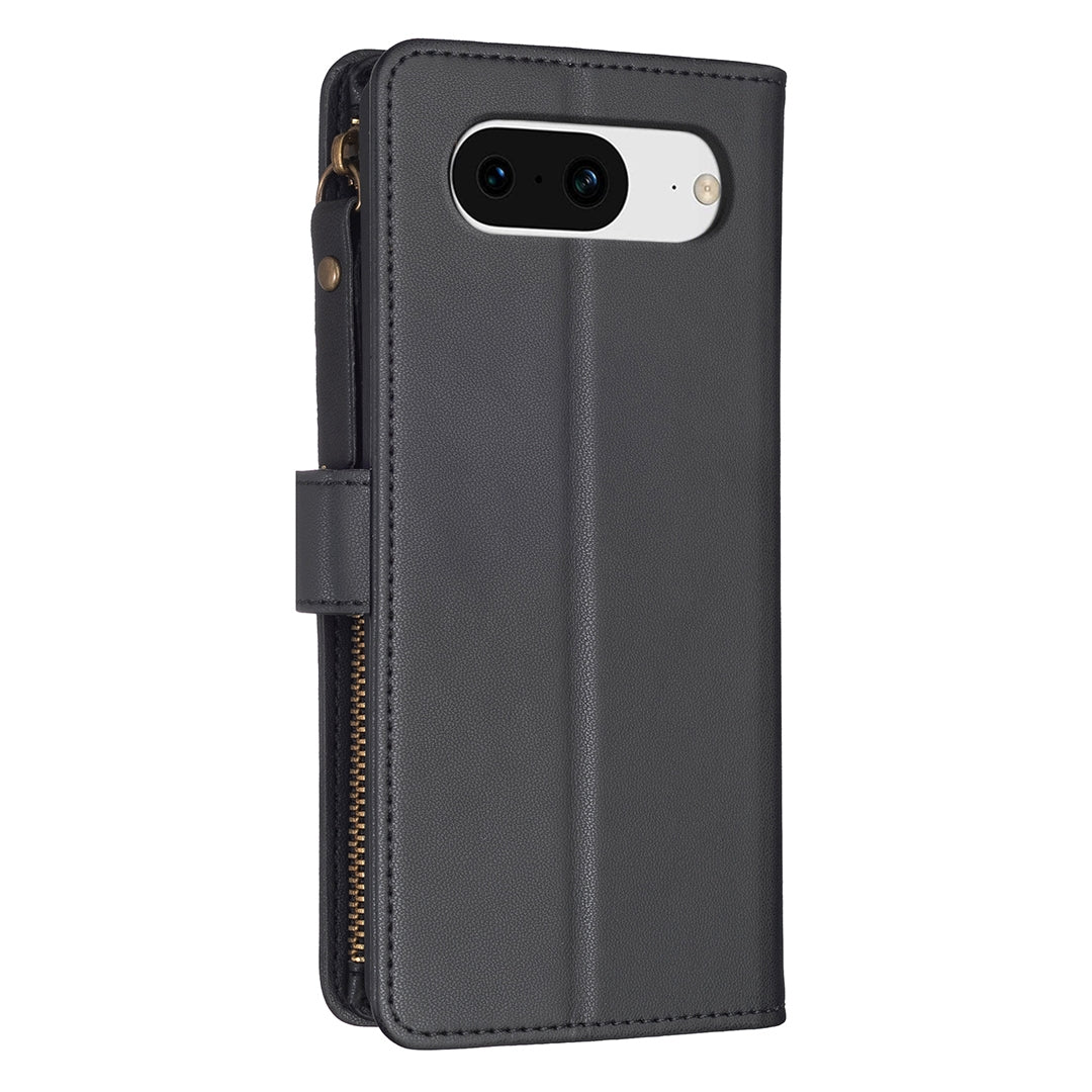 Google Pixel 8 Leather Flip Wallet Phone Case with 9 Card Slots, Zipper Compartment, and Adjustable Stand