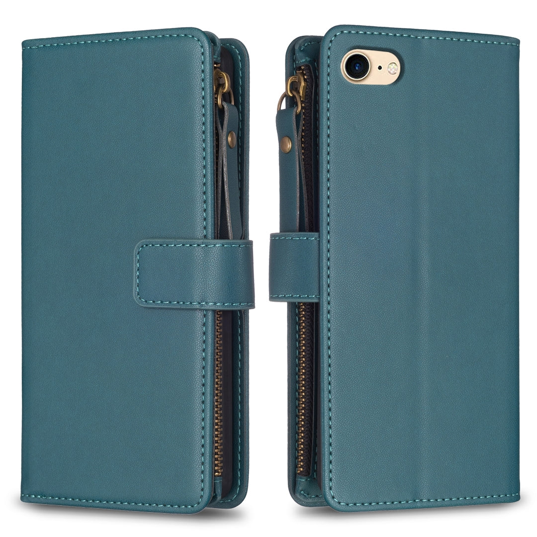 iPhone SE 2020 Leather Flip Wallet Phone Case with 9 Card Slots, Zipper Compartment, and Adjustable Stand