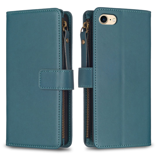 iPhone 8 Leather Flip Wallet Phone Case with 9 Card Slots, Zipper Compartment, and Adjustable Stand