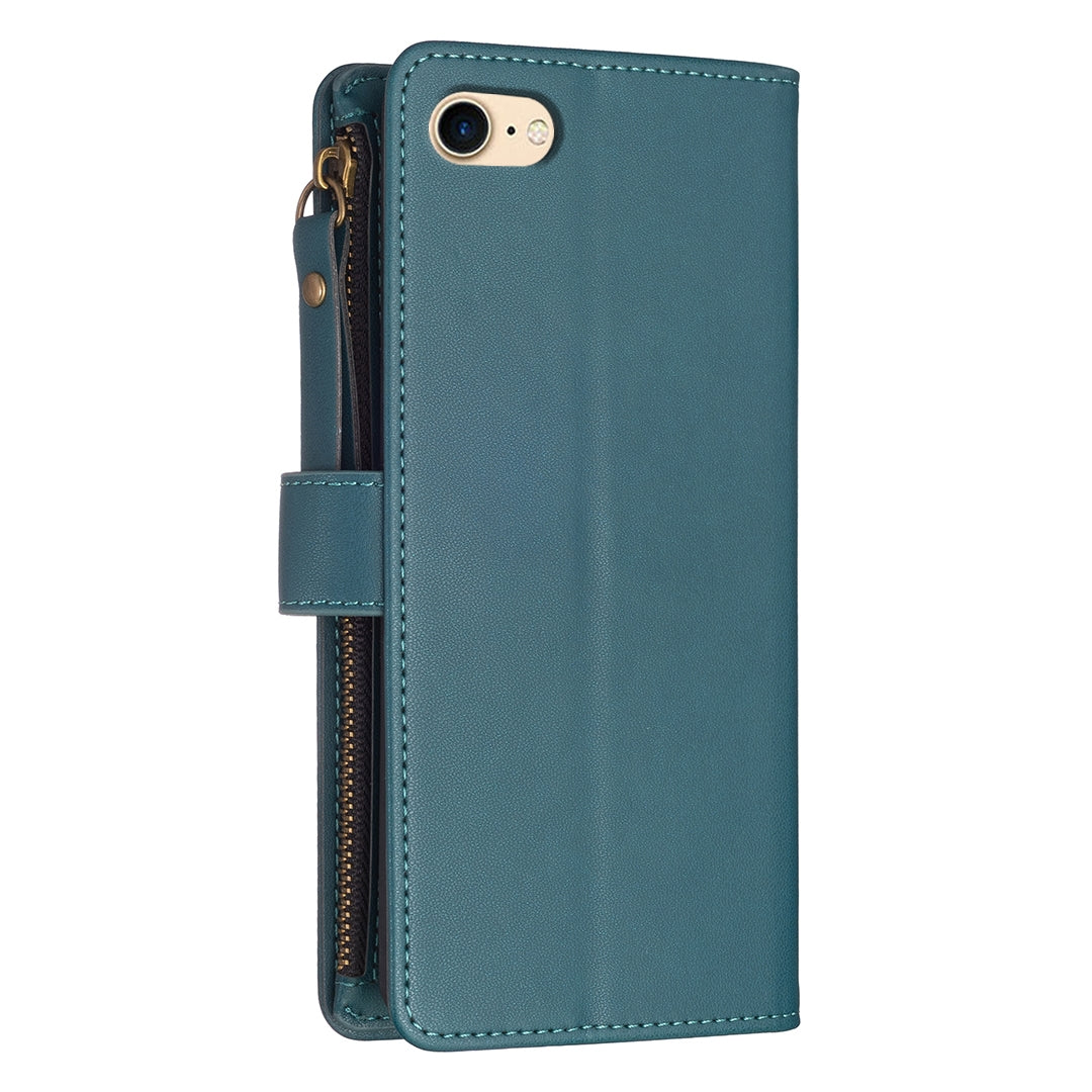 iPhone SE 2020 Leather Flip Wallet Phone Case with 9 Card Slots, Zipper Compartment, and Adjustable Stand