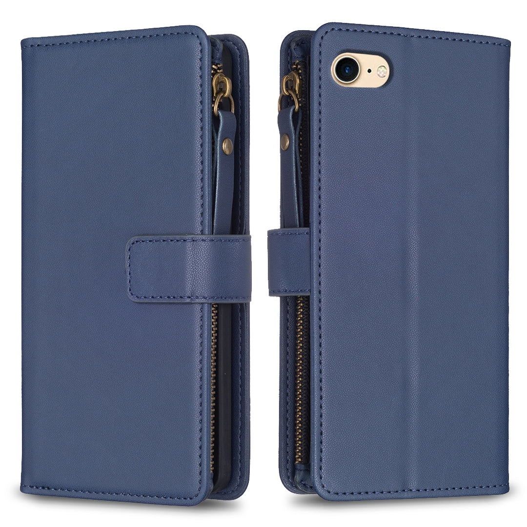 iPhone SE 2020 Leather Flip Wallet Phone Case with 9 Card Slots, Zipper Compartment, and Adjustable Stand