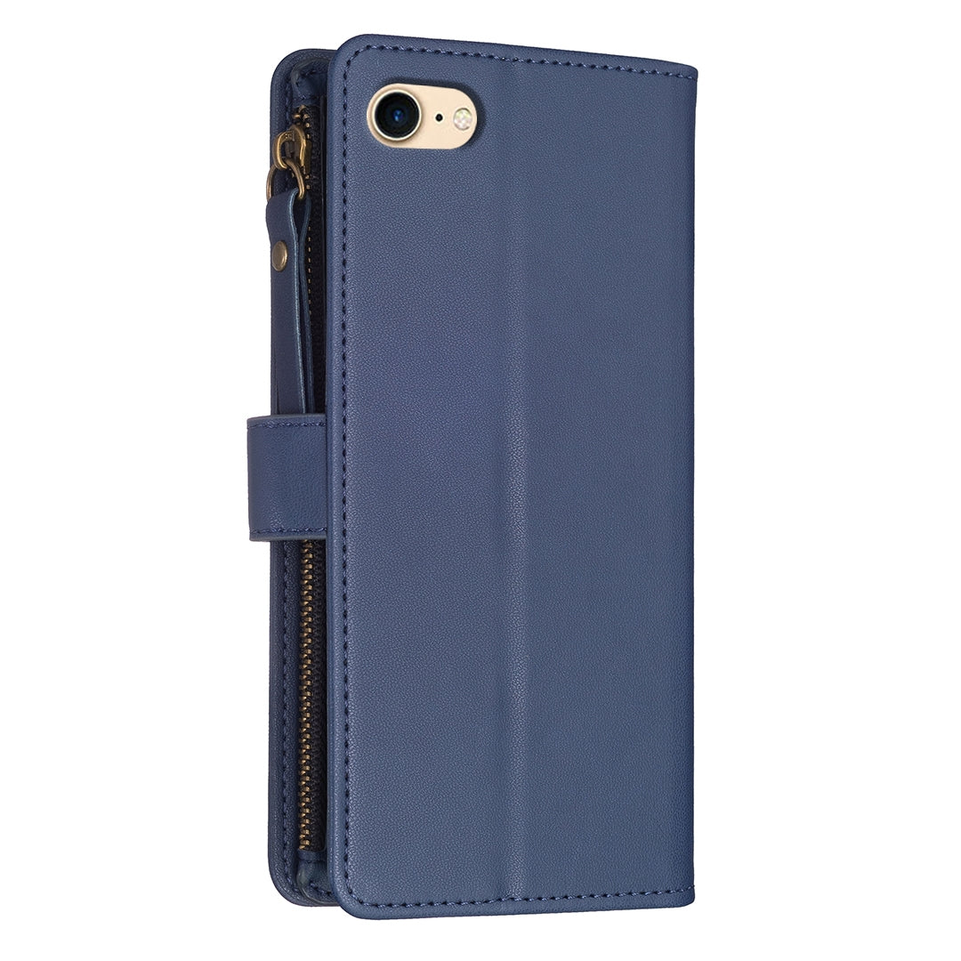 iPhone SE 2020 Leather Flip Wallet Phone Case with 9 Card Slots, Zipper Compartment, and Adjustable Stand