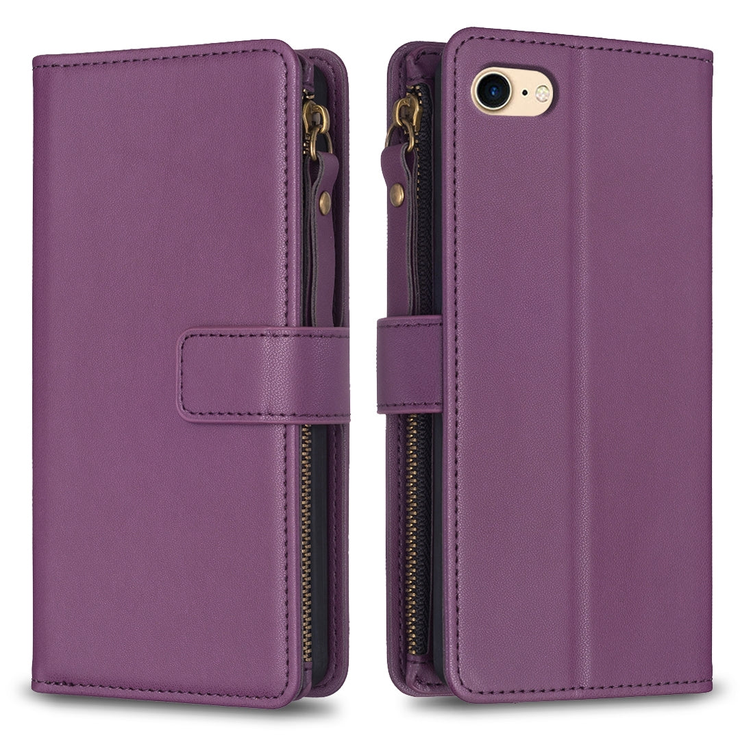 iPhone SE 2020 Leather Flip Wallet Phone Case with 9 Card Slots, Zipper Compartment, and Adjustable Stand