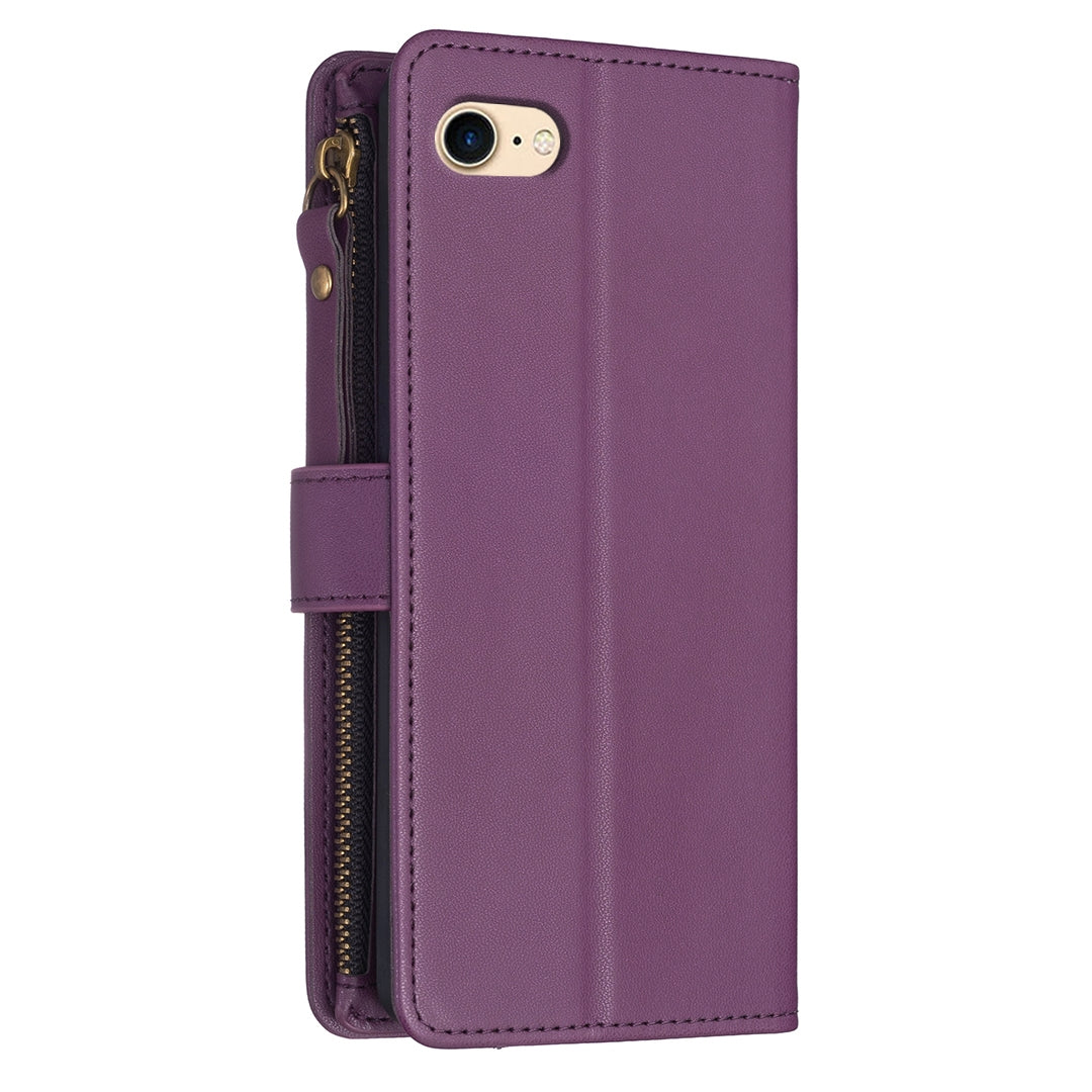 iPhone SE 2020 Leather Flip Wallet Phone Case with 9 Card Slots, Zipper Compartment, and Adjustable Stand