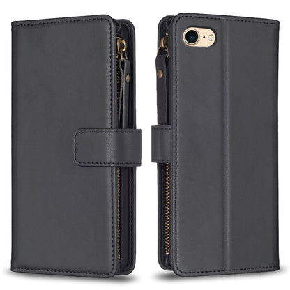 iPhone SE 2020 Leather Flip Wallet Phone Case with 9 Card Slots, Zipper Compartment, and Adjustable Stand