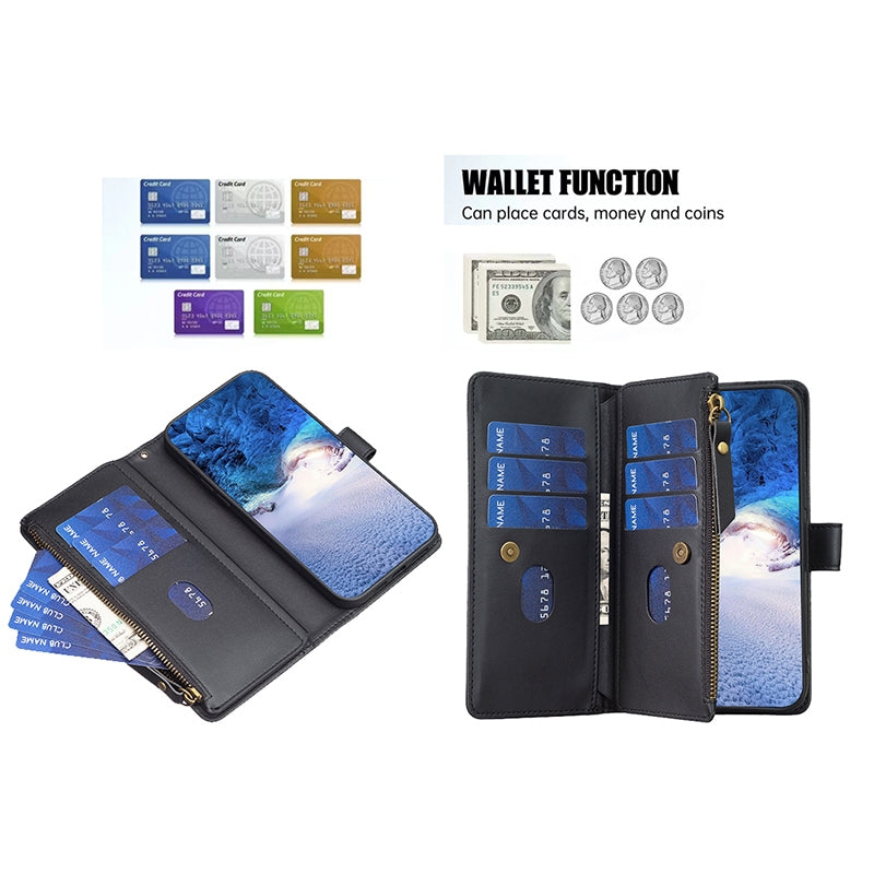 iPhone SE 2020 Leather Flip Wallet Phone Case with 9 Card Slots, Zipper Compartment, and Adjustable Stand