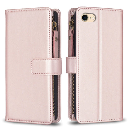 iPhone SE 2020 Leather Flip Wallet Phone Case with 9 Card Slots, Zipper Compartment, and Adjustable Stand