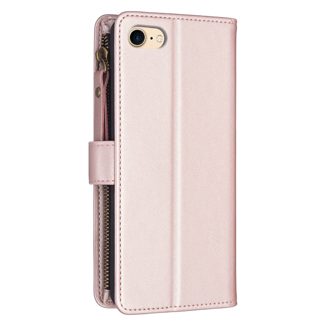 iPhone SE 2020 Leather Flip Wallet Phone Case with 9 Card Slots, Zipper Compartment, and Adjustable Stand