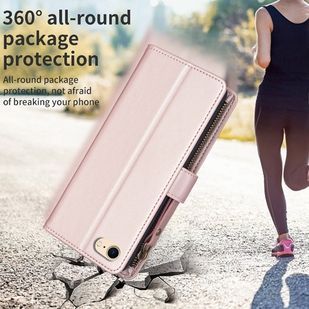 iPhone SE 2020 Leather Flip Wallet Phone Case with 9 Card Slots, Zipper Compartment, and Adjustable Stand