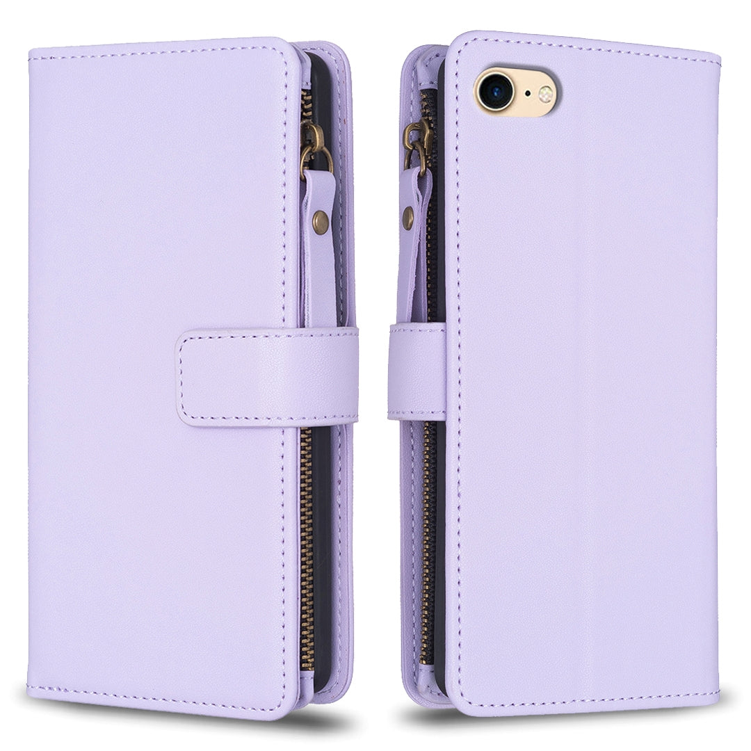 iPhone SE 2020 Leather Flip Wallet Phone Case with 9 Card Slots, Zipper Compartment, and Adjustable Stand