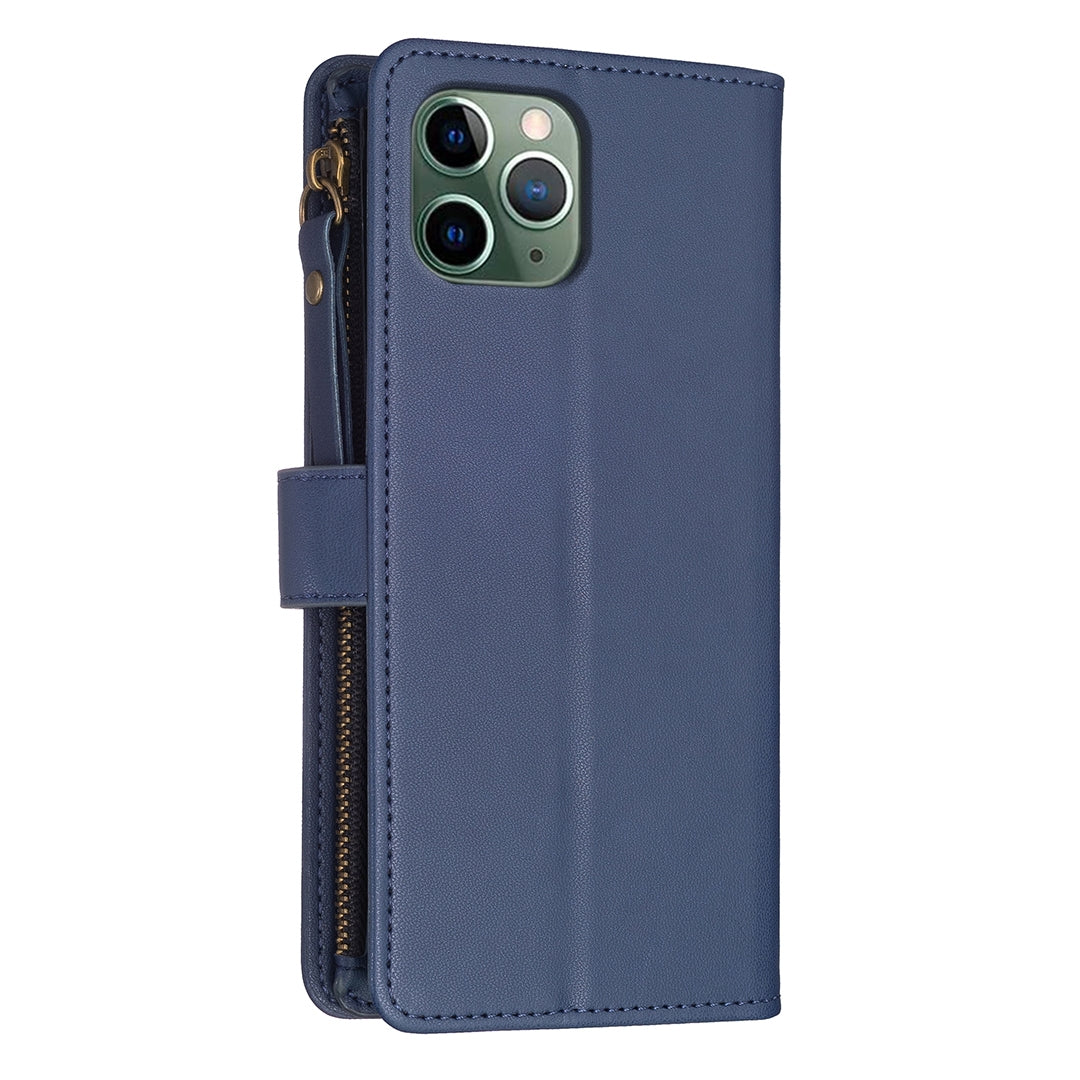 iPhone 11 Pro Max Leather Flip Wallet Phone Case with 9 Card Slots, Zipper Compartment, and Adjustable Stand