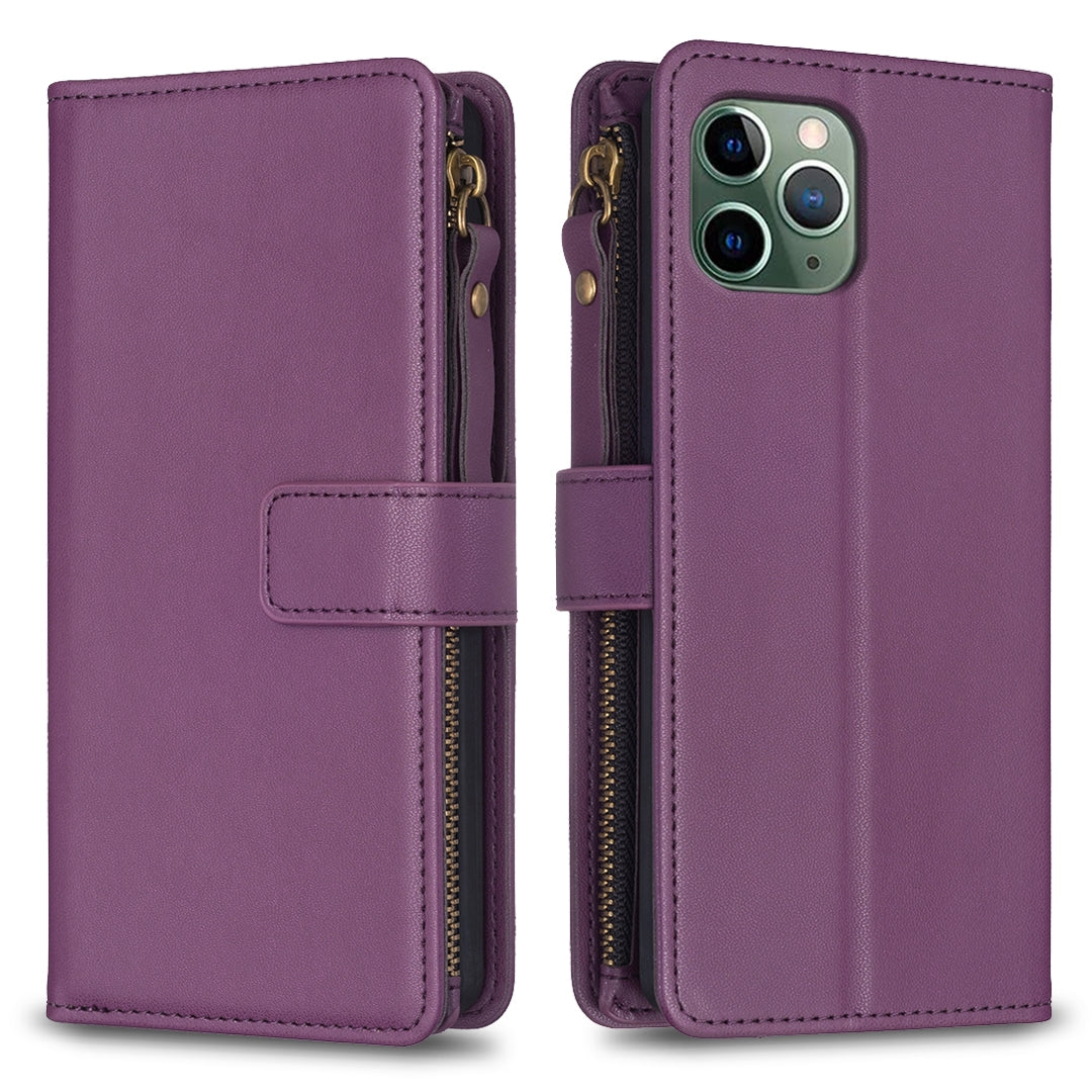 iPhone 11 Pro Max Leather Flip Wallet Phone Case with 9 Card Slots, Zipper Compartment, and Adjustable Stand