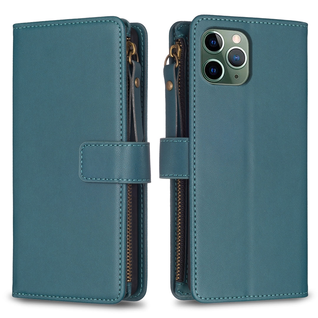 iPhone 11 Pro Leather Flip Wallet Phone Case with 9 Card Slots, Zipper Compartment, and Adjustable Stand