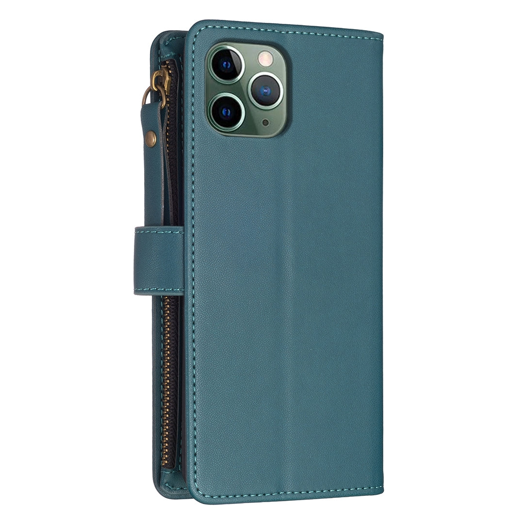 iPhone 11 Pro Leather Flip Wallet Phone Case with 9 Card Slots, Zipper Compartment, and Adjustable Stand