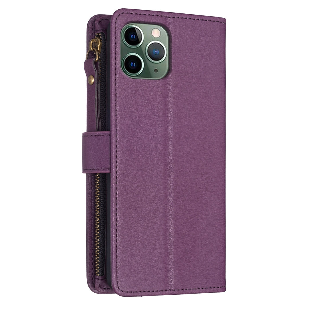 iPhone 11 Pro Leather Flip Wallet Phone Case with 9 Card Slots, Zipper Compartment, and Adjustable Stand