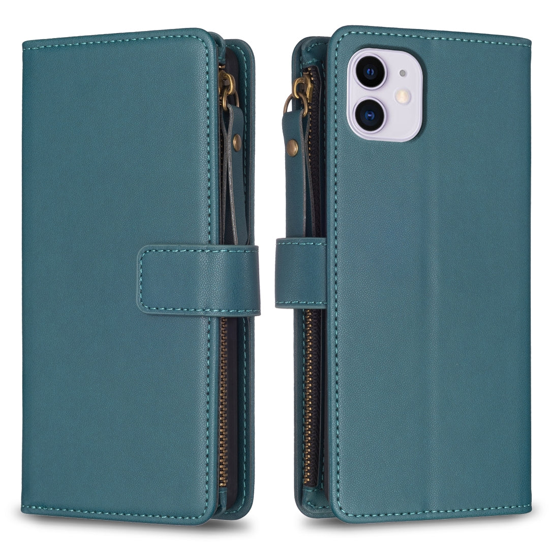 iPhone 11 Leather Flip Wallet Phone Case with 9 Card Slots, Zipper Compartment, and Adjustable Stand