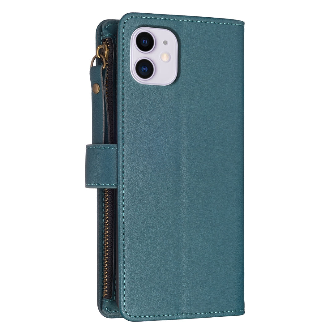 iPhone 11 Leather Flip Wallet Phone Case with 9 Card Slots, Zipper Compartment, and Adjustable Stand
