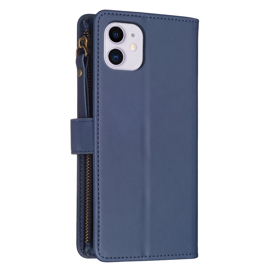 iPhone 11 Leather Flip Wallet Phone Case with 9 Card Slots, Zipper Compartment, and Adjustable Stand