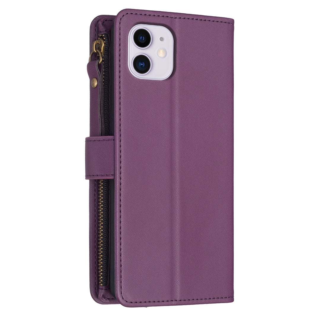 iPhone 11 Leather Flip Wallet Phone Case with 9 Card Slots, Zipper Compartment, and Adjustable Stand