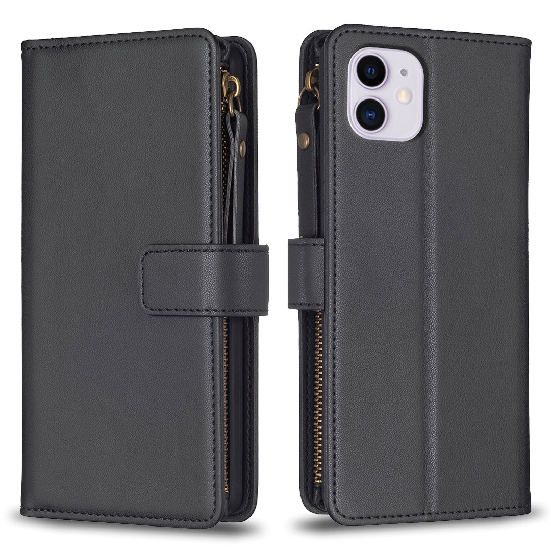 iPhone 11 Leather Flip Wallet Phone Case with 9 Card Slots, Zipper Compartment, and Adjustable Stand