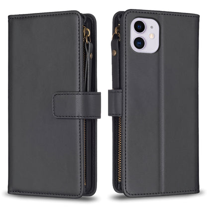 iPhone 11 Leather Flip Wallet Phone Case with 9 Card Slots, Zipper Compartment, and Adjustable Stand