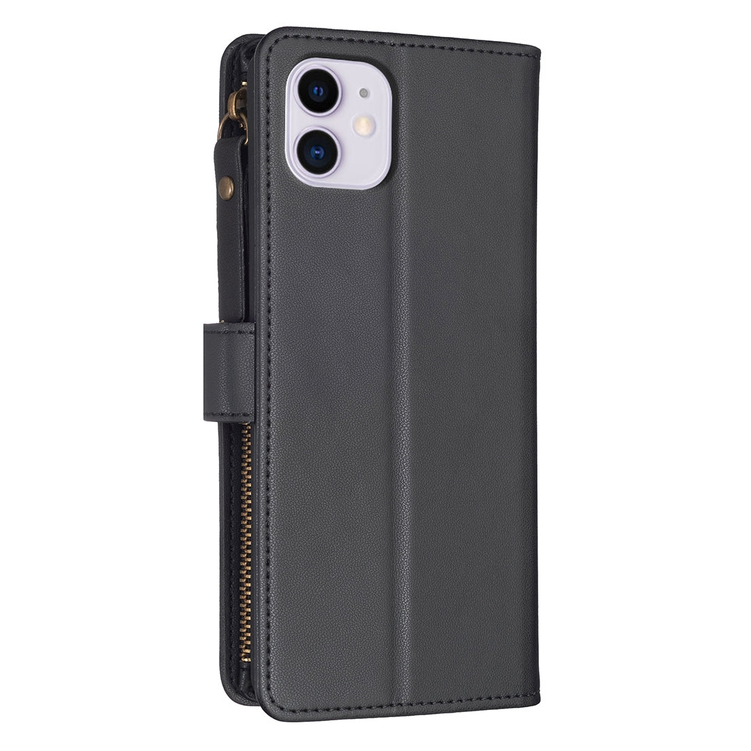 iPhone 11 Leather Flip Wallet Phone Case with 9 Card Slots, Zipper Compartment, and Adjustable Stand