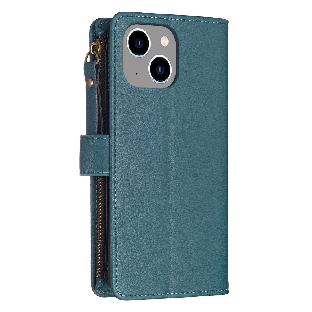 iPhone 14 Leather Flip Wallet Phone Case with 9 Card Slots, Zipper Compartment, and Adjustable Stand