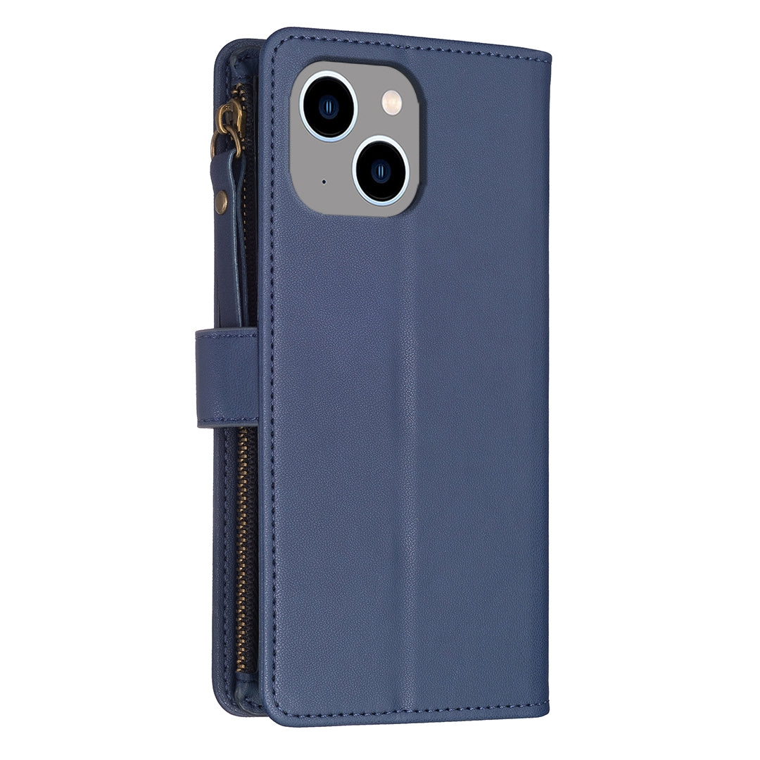 iPhone 13 Leather Flip Wallet Phone Case with 9 Card Slots, Zipper Compartment, and Adjustable Stand