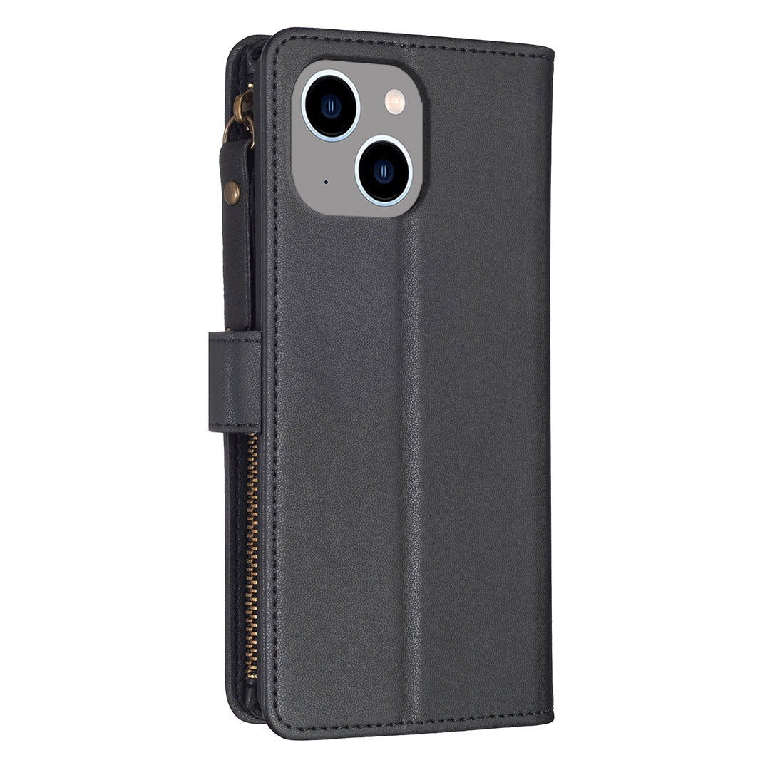 iPhone 13 Leather Flip Wallet Phone Case with 9 Card Slots, Zipper Compartment, and Adjustable Stand
