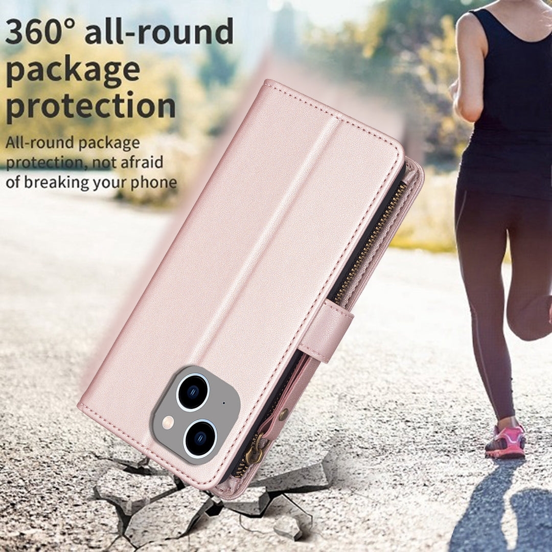 iPhone 14 Leather Flip Wallet Phone Case with 9 Card Slots, Zipper Compartment, and Adjustable Stand